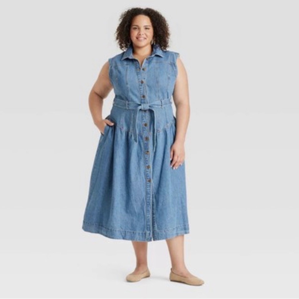 Women's Tie-Waist Midi A-Line Jean Dress - Universal Thread Indigo
